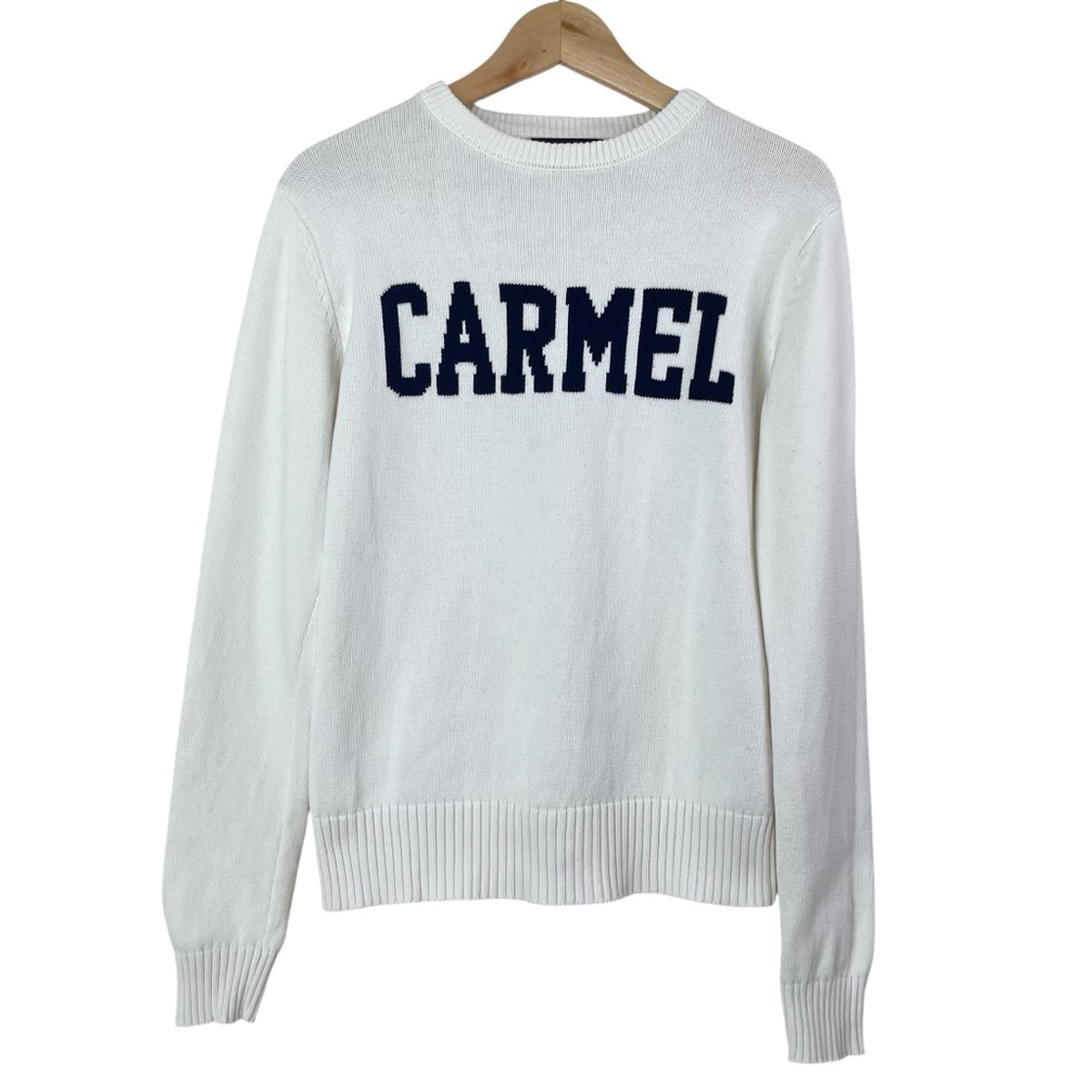 "Carmel" White Heavyweight Cotton Varsity-Style Pullover Crewneck Sweater Sz XS